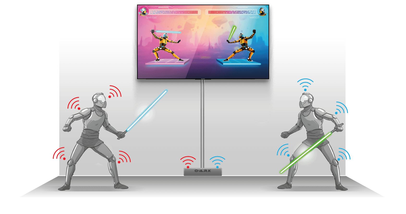 Deux joueurs équipés du système O.A.R.K connecté à un écran
